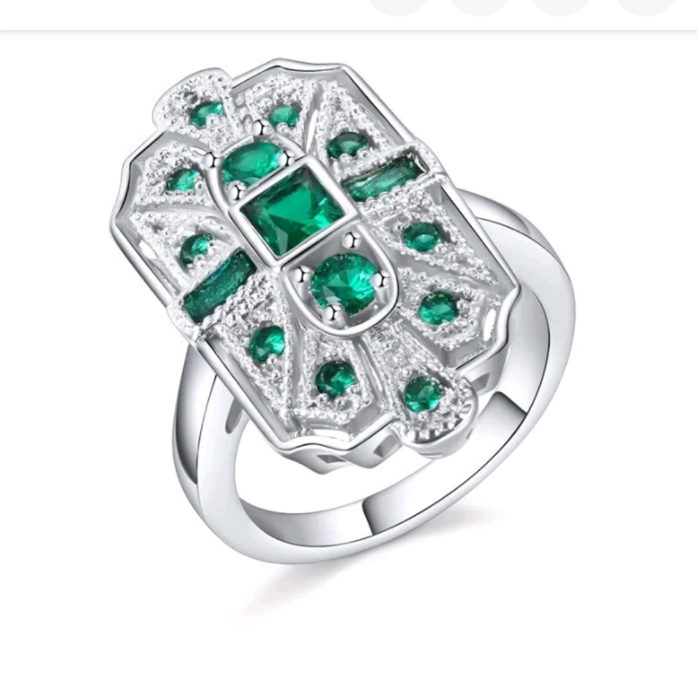 New art deco style silver ring simulated emerald